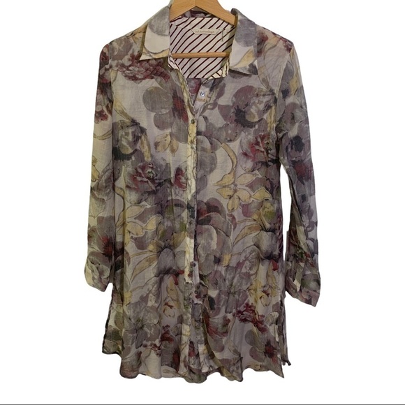 SOFT Surroundings Neutral Colors sheer Long shirt style Button down Blouse SZ M - Picture 1 of 7